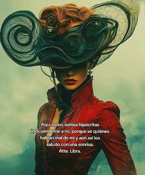 The image shows a woman with a unique, artistic hat. The woman is facing forward, with red lipstick enhancing her lips, her skin has a fair complexion. She is wearing a red collared outfit. Text is overlaid at the bottom in white letters.