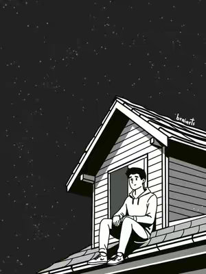 An illustration of a person sitting on the roof of a house, looking out at a starry night sky. The image is primarily in black and white, with the figure and house details outlined in black against the dark sky filled with white stars. The person, depicted in a hoodie and pants, is seated with their legs dangling off the roof. The house has a gable roof, and there's an open window in the side of the house the figure is leaning forward. A starry sky fills the upper part of the image, providing context to the character's reflection. The illustration style suggests a contemplative or emotional mood.