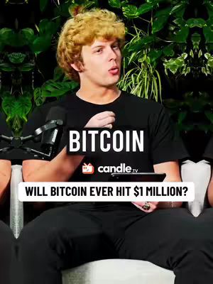 A young man with curly blond hair is seated, looking directly towards the camera with an open mouth. A logo overlay reading "BITCOIN" is centrally positioned on the cover image. The hook text at the bottom, "WILL BITCOIN EVER HIT $1 MILLION?", is displayed in a white rectangular box. The background consists of green leafy plants.