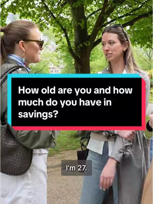 Two women are conversing in an outdoor setting. One is on the left with sunglasses and the other is slightly angled towards the camera, speaking. A text overlay displays a question regarding age and savings, with a person's response below.