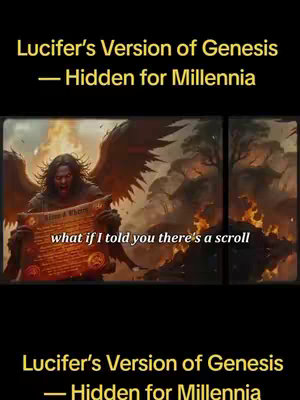 The cover image is a vertical split screen. The top portion contains bold, yellow text overlayed on a black background, which reads 'Lucifer's Version of Genesis - Hidden for Millennia.' The lower portion of the image features AI-generated artwork. On the left side, a winged figure, possibly Lucifer, is depicted holding a scroll and amidst a fiery background. Beneath this artwork, a single line of text says 'what if I told you there's a scroll', and the right side features a similar backdrop. The overall aesthetic is dark and dramatic.