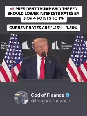 The cover image shows Donald Trump speaking from a podium during a formal event. Behind him are large American flags and a backdrop with text. Text overlays at the top provide information about interest rates, and a social media username is present at the bottom, alluding to the content's financial focus.