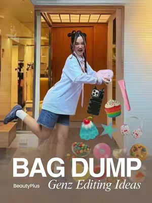 A woman in a white shirt and denim shorts is striking a pose, leaning with one leg extended, against a backdrop of what appears to be an outdoor entryway. Floating around the woman are various colorful objects: a pink makeup pouch, a black phone case, a cupcake, a star, a blue jelly dessert, a ball of candy, a pink CD, a pink popsicle, a cookie, and a lip gloss. The text overlay displays words like 'BAG DUMP' and 'Genz Editing Ideas'. The color palette includes pastels, which enhances the aesthetic appeal.
