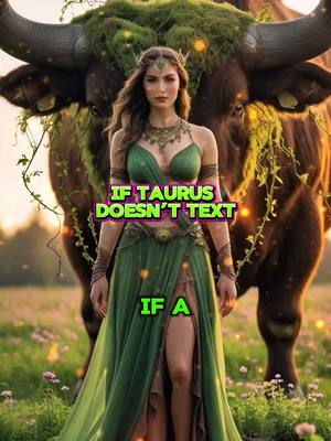 A woman in a green dress stands in a field with flowers, in front of a large bull with greenery on its back. The text overlays read "IF TAURUS DOESN'T TEXT" and "IF A".