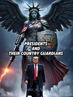 A digitally created image features Donald Trump in a suit, standing at the bottom of the frame. Above him is a statue of the Statue of Liberty, with wings and a shield, holding a weapon. Text overlayed onto the image says 'Presidents and Their Country Guardians.' The background is a dramatic, cloudy sky.