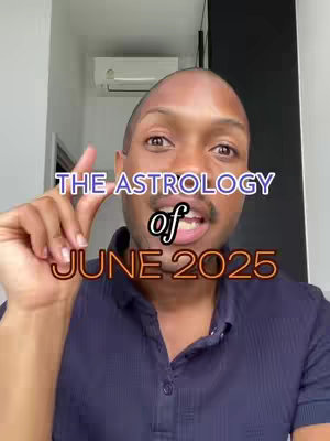 A man is centered in the frame, facing directly at the camera with a serious expression. Overlaid text in a rounded font states, "THE ASTROLOGY of JUNE 2025", with the word "of" in a smaller font size. The background is a room interior, including a white air conditioning unit.