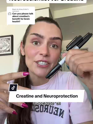 A woman with long brown hair and pink lipstick is holding a black marker. The background is a room with cream walls. Text overlays at the bottom: "Creatine and Neuroprotection". A TikTok logo appears on the lower left.