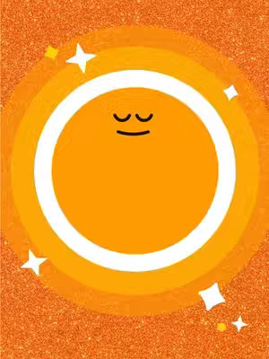 An orange and white circular cartoon design against a textured orange background. The central element is a large orange circle enclosed by a white outline. Inside the orange circle are simplified closed eyes with a curved line for where the mouth would be. Surrounding the design are a few stylized yellow star shapes.