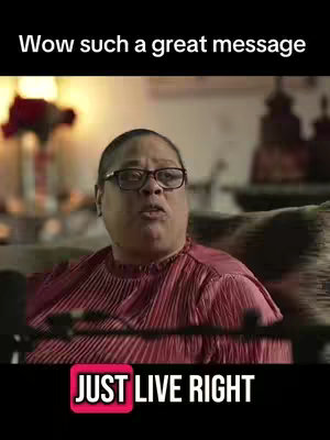 A woman with glasses is looking upwards with a questioning look. The background is blurred, but hints at a comfortable indoor setting. The text reads, "Wow such a great message" at the top and a black bar at the bottom reads "JUST LIVE RIGHT" in bold white letters with a pink square on the left.