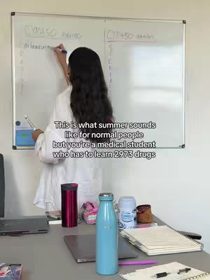 A woman stands in front of a white board, writing on it. The board has the headings "CYP450 Inducer" and "CYP450 Inhibitor" written in black marker. Below the board are various items on a table, including a laptop, water bottles, notebooks, and writing utensils.