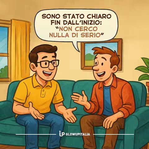 An illustrated scene shows two men seated on a green couch in a living room setting. One man, wearing a yellow shirt and glasses, gestures with his hands while talking towards the other man on his right. The other man, wearing an orange shirt, listens with a slight smile. A speech bubble above them contains text, and there's a logo at the bottom.