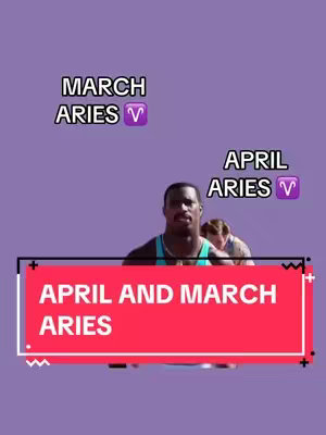 The cover image has a purple background with three text overlays, each in a different position on the image. The top left text says "MARCH ARIES" and includes an Aries zodiac symbol. The top right text says "APRIL ARIES" and includes the same Aries zodiac symbol. A large red banner in the center has the text "APRIL AND MARCH ARIES". The image also features two people, the first is a Black man facing directly towards the viewer with a determined expression. Behind him is another person with their face slightly visible. The background appears to be a racetrack.