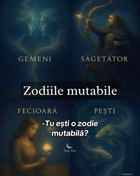 The image is a split view of a celestial-themed graphic with stylized zodiac signs. The top left shows two ethereal figures facing each other, labeled 'GEMENI'. Top right, a figure with a bow and arrow is labeled 'SÁGETĂTOR'. On the bottom left, a woman holding a glowing flower is labeled 'FECIOARĂ'. The bottom right shows two fish, labeled 'PEȘTI'. In the center, a text overlay reads 'Zodiile mutabile'. Below this a question in Romanian, 'Tu ești o zodie mutabilă?' appears.