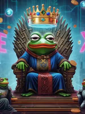 An artistic image depicts a regal frog sitting on a throne. The frog is green with a red mouth and is adorned in royal blue and gold attire, including a crown. The throne is an iron throne style, and the background has digital elements and floating coins. There are additional frog characters on either side dressed as guards.