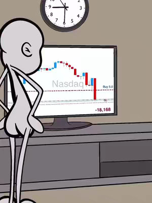 An animated image depicts a stick figure man standing, viewed from the back and slightly to the side, gazing at a computer monitor. The monitor displays a stock chart with red downward trending lines and blue upward lines, suggesting a market downturn. A large clock is mounted on the wall, showing the hands at 8:00 o'clock. The scene is rendered in a cartoon style.