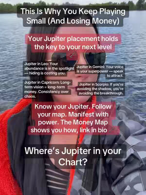 A cover photo featuring a woman in sunglasses seated in a small watercraft with a lake in the background. overlaid with text describing the astrological significance of Jupiter in various zodiac signs, along with a call to action and a link.