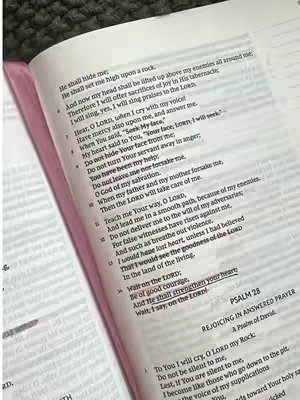 An open Bible is shown, with a pink cover visible on the left. The text of Psalms is shown. The image is angled with the pages slightly open. The background is blurred and looks like carpet.