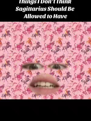 The image is a selfie-style video cover. At the center are the eyes and mouth of a person, overlaid on a background adorned with a pink pattern featuring illustrations of people on horses. Above the face, there is text in a bold white font on a black background.