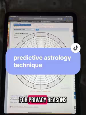 An overhead shot of a tablet displaying an astrology chart with added text overlays. A dark room provides the background.