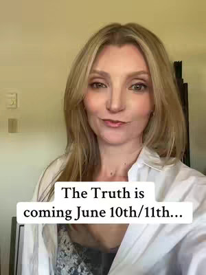 A woman with long blonde hair stands in front of a neutral-colored background. She is wearing a white shirt and a dark top, and a text overlay at the bottom of the image announces 'The Truth is coming June 10th/11th...'