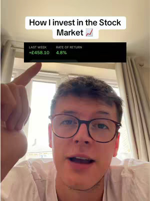 The image features a young man with glasses looking directly at the camera with a warm smile. Above him text reads 'How I invest in the Stock Market'. Below this text is a black bar with financial data. The background includes an indoor setting with beige curtains and natural light coming through a window.