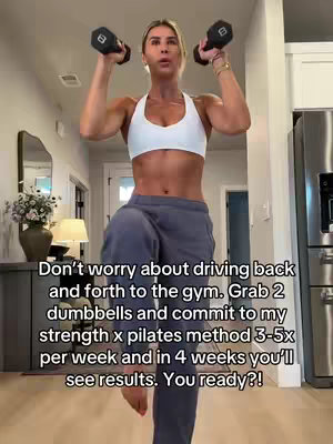 The cover image shows a woman in athletic wear holding dumbbells and doing a workout in a home setting. The woman is in mid-exercise, with one leg raised. The background shows a living room with a mirror, lamp, and flowers.