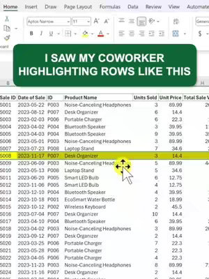 The cover image prominently displays a screenshot of an Excel spreadsheet with highlighted rows, serving as a visual example of the video's content. Above the spreadsheet is a green banner with white text, “I SAW MY COWORKER HIGHLIGHTING ROWS LIKE THIS,” likely intended to capture attention and curiosity. The layout suggests a practical, step-by-step approach to Excel skills, with the bright spreadsheet contrasting with the hook text for immediate visual clarity.