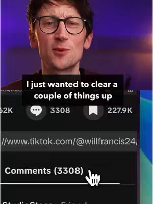 The cover image features a man with glasses in front of a blurred background. A text overlay at the bottom reads "I just wanted to clear a couple of things up". Below that, there's a screen capture of a TikTok comment section, highlighted by a hand cursor pointing at the "Comments (3308)". The video includes engagement metrics.