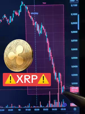 The cover image shows a chart displaying a price decline of XRP. A golden coin with the XRP logo is slightly to the left of a red and blue chart, with a red rectangle containing the text "⚠️XRP⚠️" placed over the coin. The image is dark, emphasizing the chart and coin.