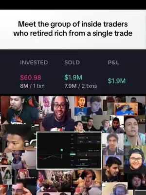 The image is a composite showing a collage of faces and a table with financial data. At the top, white text announces 'Meet the group of inside traders who retired rich from a single trade.' Below that, a table presents financial information: 'INVESTED' ($60.98, 8M / 1 txn), 'SOLD' ($1.9M, 7.9M / 2 txns), and 'P&L' ($1.9M). The background is filled with images of diverse people, seemingly reacting to a chart displayed on a screen in the center.