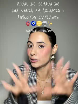 A woman with dark hair and a blazer is the central figure, her arms outstretched as if gesturing and interacting with the camera. Text overlays describe astrology predictions. The background is a plain, light gray.