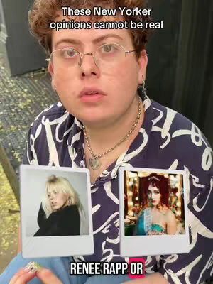 A person with curly brown hair, glasses, and a patterned shirt looks directly at the camera. Two polaroid-style photos are held in front, showing images of women. Text appears at the top and the bottom of the image.