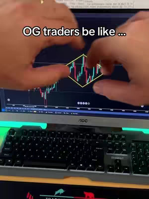 The image shows a person's hands framing a chart of green and red price bars on a computer monitor. The text overlay asks 'OG traders be like...' The monitor sits above a black keyboard with a green glow and the keyboard is sitting on a yellow surface.