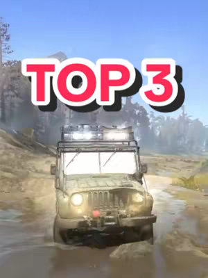 A video game promotional image showing a green off-road vehicle driving through a muddy stream. The text "TOP 3" is overlaid, against a background of a forest and sky, conveying a sense of action and adventure.