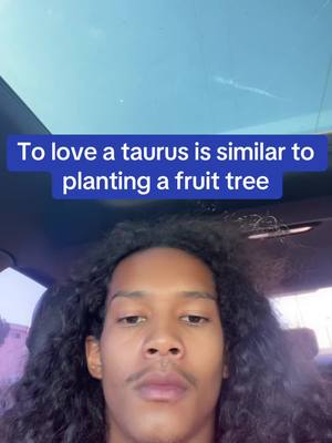 A man in a car takes a selfie, a blue bar overlays the top with the words: To love a taurus is similar to planting a fruit tree.