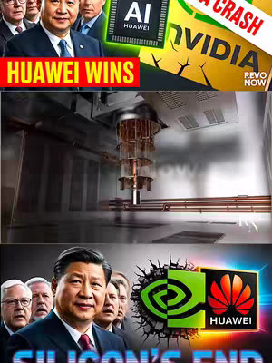 The cover image is a split composition. The top third features a graphic illustrating a Nvidia stock crash, with the Revo Now logo in the bottom right. Below this, in the center of the image, part of a futuristic machinery room is shown. The bottom third shows a group of men, including the lead figure, who is wearing a suit and tie.  To their right there's the Nvidia logo. In the bottom right corner, the Huawei logo is displayed. In the top right an 'AI' chip graphic labelled is displayed with Huawei beneath.