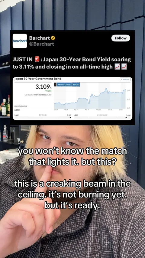 The cover image shows a man with blonde hair pointing with one finger to his lips. Behind him is a tweet displayed on a screen, mentioning Japan bonds and with a chart showing the bond yield.