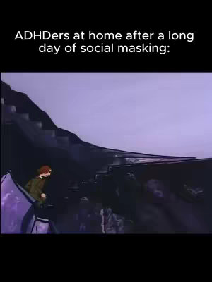 A drawing-style animation depicts a figure descending a staircase that curves around a dark structure, set against a gradient purple background. The animation style is simple, cartoonish.