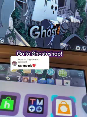 The cover image shows a close-up view of a Nintendo 3DS XL screen. The screen displays the 3DS's home menu with icons. Above the screen is an artwork of female character, with the text 'Ghost' overlaying the image, and a speech balloon with text. A comment section on the bottom has the phrase 'Go to Ghosteshop!'