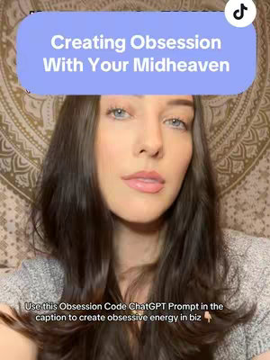 A woman with long brown hair and a light gray sweater is the central figure. Behind her, a tapestry with a mandala-like pattern in shades of tan and brown serves as a backdrop. Overlaying the woman's head is a light blue rectangle containing the white text: 'Creating Obsession With Your Midheaven.' Below, a smaller white text overlay reads, 'Use this Obsession Code ChatGPT Prompt in the caption to create obsessive energy in biz' and a finger-pointing emoji and the TikTok logo in the top right.