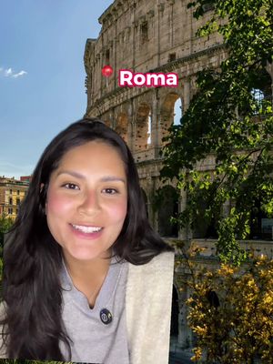 A woman smiles in front of a backdrop featuring the Colosseum in Rome, Italy. Overlaid on the image is a text bubble with the word 'Roma'.