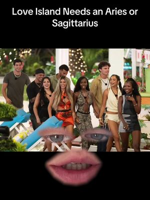 The image shows a group photo of contestants from Love Island, with the text overlayed on top. Two eyes and a mouth have been added over the original image.