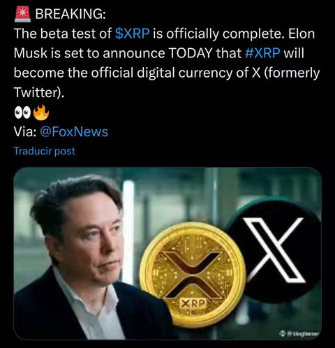 The image presents Elon Musk in a business suit against a blurred office background. In the foreground, a gold coin featuring the XRP symbol is depicted next to another coin featuring the 'X' logo. Text overlays announce the news.