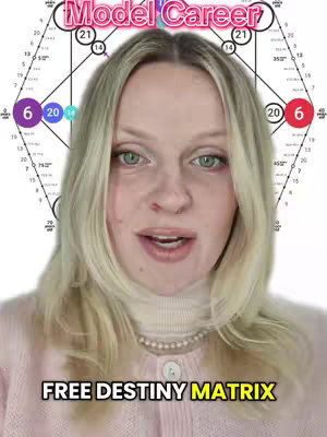 The cover image shows a woman with blonde hair and a pink sweater. She is centered in the frame, talking directly to the camera. Behind her, a complex diagram with numbers and symbols is visible. Text overlays are present at the top, reading 'Model Career', and at the bottom, stating 'FREE DESTINY MATRIX'.