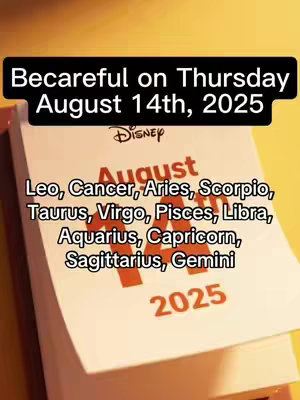 A calendar on a yellow background. At the top, the text is black over a black rectangle. Beneath that, the text for a calendar and months. The date is August 14th, 2025. A list of zodiac signs follows.