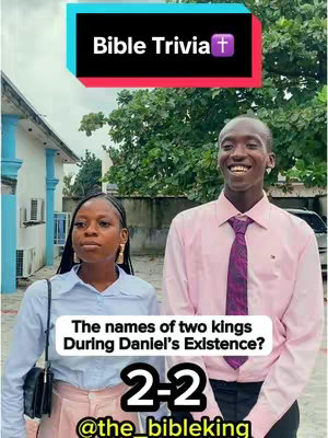 A vertical cover image features two young adults, a light-skinned man on the right with a light pink dress shirt and a woman on the left wearing a light blue top and pink slacks, standing side-by-side in an outdoor setting. Above them a text box indicates "Bible Trivia"; below, a question and answer is stated. The overall tones suggest a casual yet informative presentation.