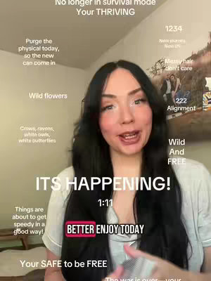 A woman with long dark hair is centered in the frame. Overlayed text includes phrases like 'No longer in survival mode' and 'ITS HAPPENING!' along with other inspirational messages, over a muted background. The woman is looking directly at the camera and speaking.