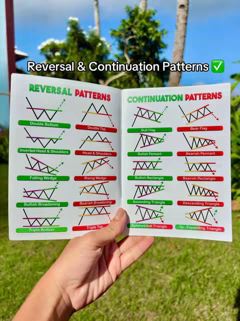 A hand holds open a booklet displaying various stock chart patterns. The pages are open to highlight "Reversal & Continuation Patterns" with diagrams and labels. The background is primarily green from trees and a blue sky.