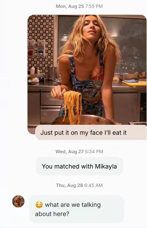 A screenshot of a phone texting conversation includes images and text. A woman in a restaurant kitchen is shown holding a handful of spaghetti towards the camera. Text bubbles over the woman's picture display suggestive dating messages. A subsequent text confirms a match with a woman named 'Mikayla'. Another text bubble displays an emoji with an expression of surprise.