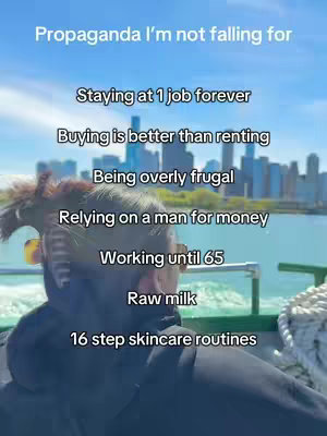 A person is shown from the shoulders up, facing away from the camera, with lists of phrases on the image. The person is near the water with city skyline in the background. The sky is blue.